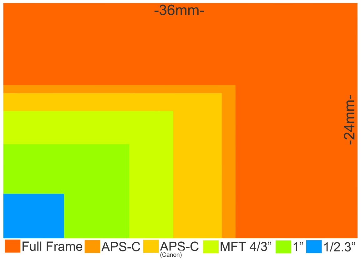 Sensor sizes used in mirrorless cameras range from Full Frame to 1/2.3-inch, taking in APS-C, APS-C (Canon) Micro Four Thirds and 1-inch