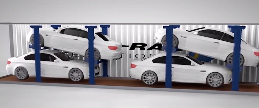 The R-Rak hardware consists of an adjustable steel frame that allows the front and rear of the top vehicle to be incrementally raised or lowered as needed, so that the bottom vehicle can fit snugly beneath it
