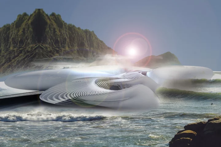 The Harmonic Turbine Tidal Hotel is envisioned for Yalong Bay, on the island of Hainan, China