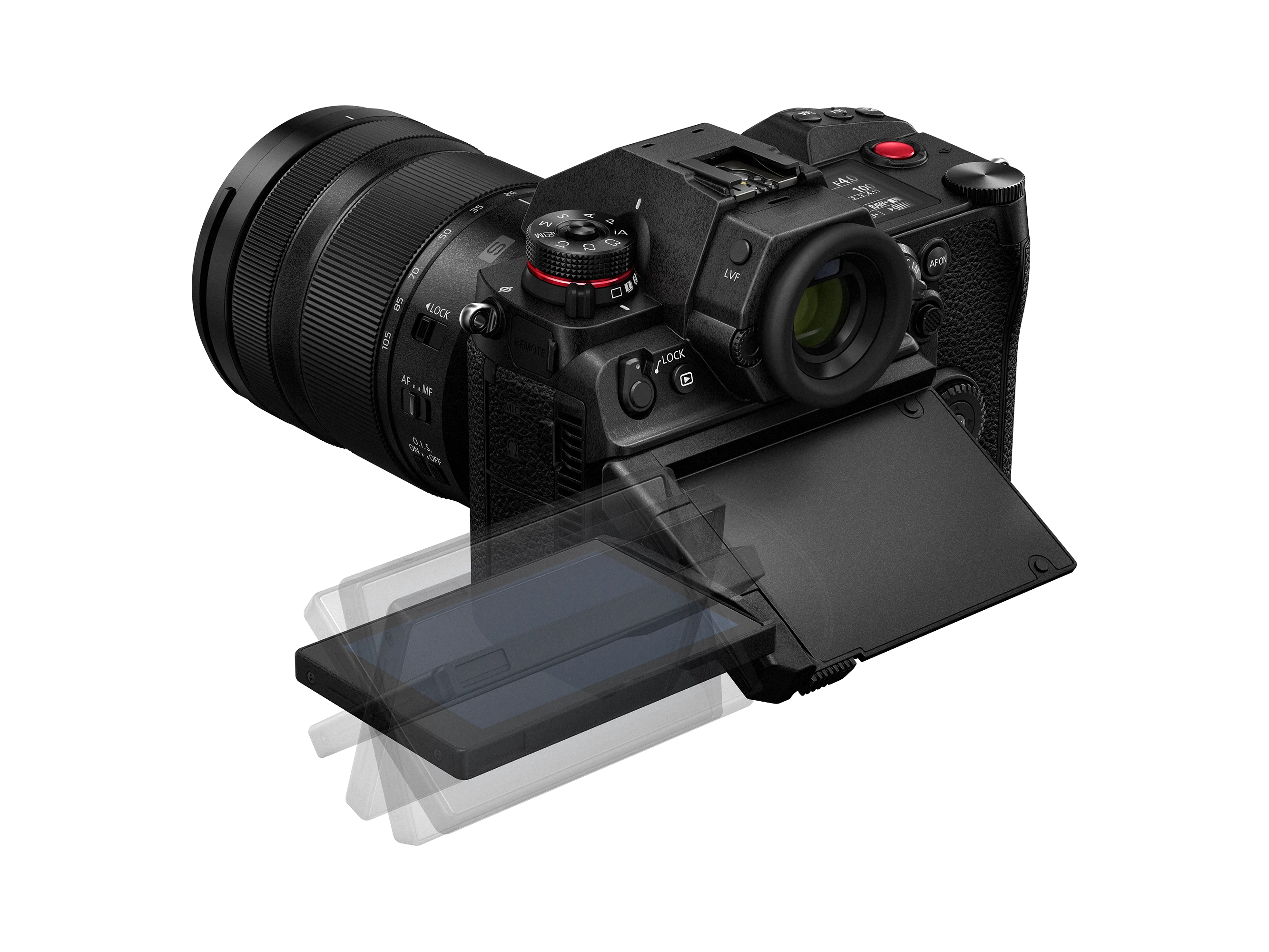 The S1H's rear touchscreen has a double hinge – it tilts up, or folds right out and rotates