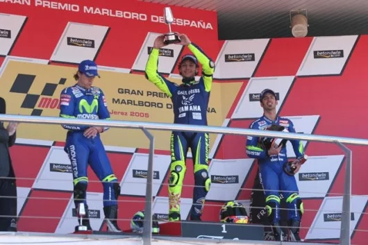 Rossi on the top step, Gibernau on the left and Melandri on the right - a scene likely to be repeated again this year