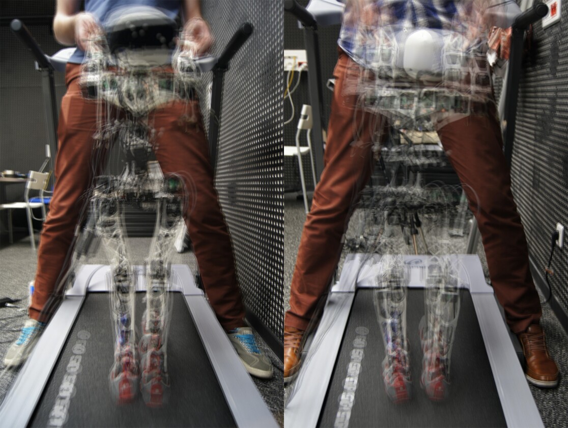 Here you can see the dramatic difference in lateral movement between the Poppy with bent thighs (left) and straight thighs (right) (Photo: Inria / H. Raguet)