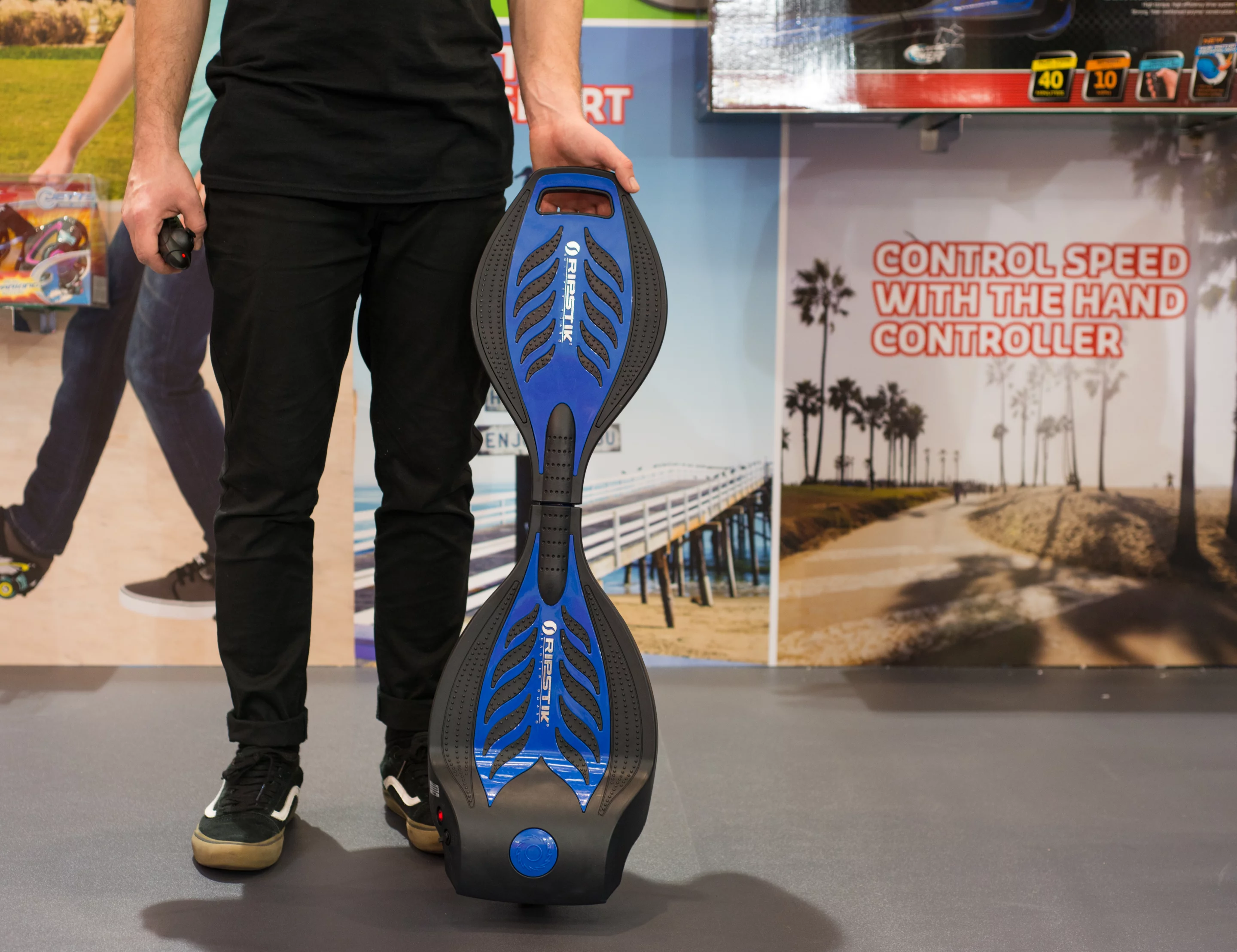 The Razor RipStik Electric can travel up to 10 mph (16 km/h) thanks to an in-wheel hub motor