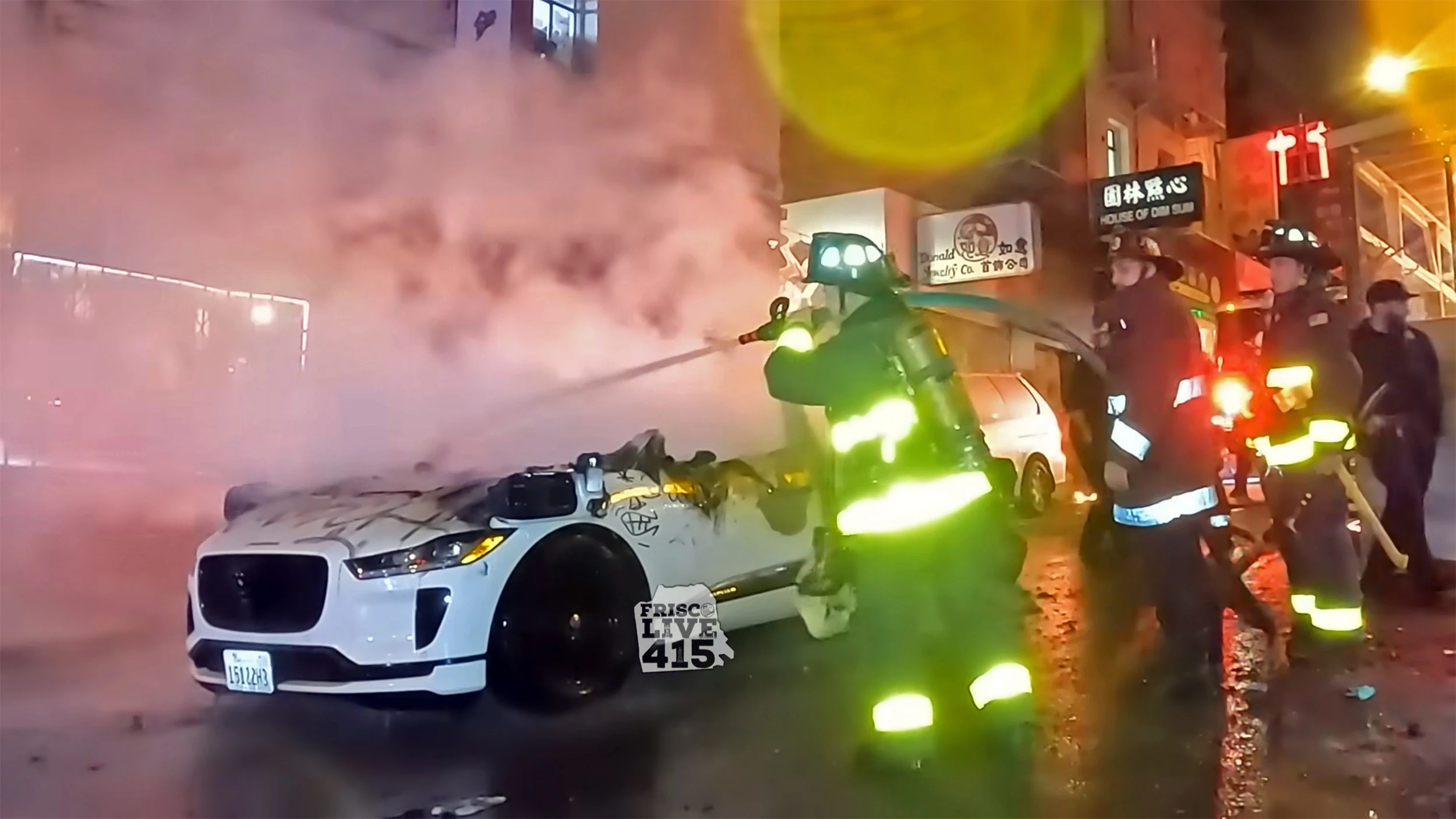 Screen shot from a video captured by Frisco Live 415, a Waymo AV had been vandalized and torched on Feb 11th, 2024