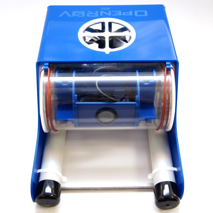 A central sealed clear acrylic tube houses OpenROV's web camera, LED headlamps, and other electronics that need to be kept dry