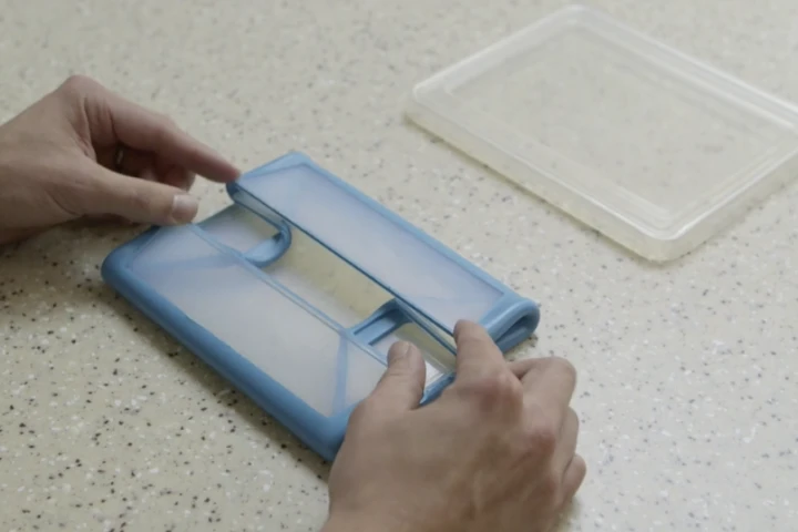 Each end of the FoldFlat container is fitted with strategically placed folds that allow it to be squashed down to a slim package when not in use