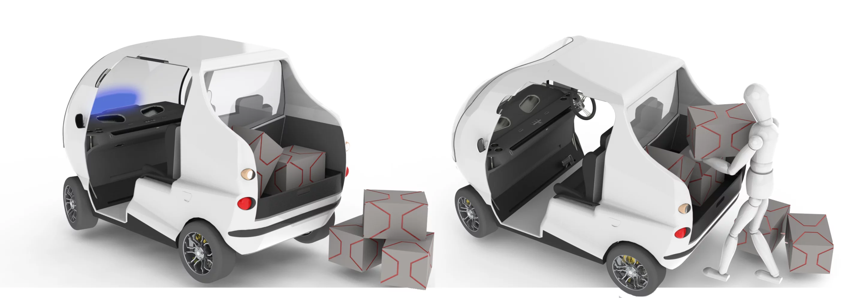 The Bug-E multi-purpose electric vehicle features four interchangeable rear storage modules