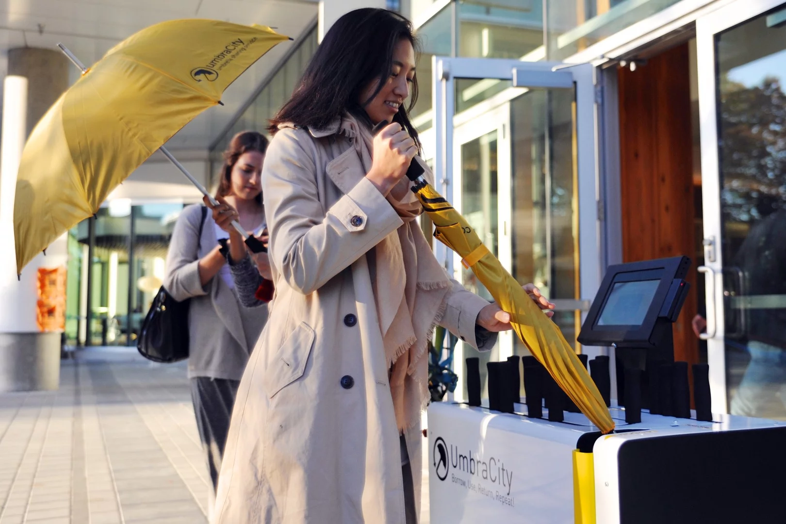 The UmbraCity solution is a fully automated umbrella rental kiosk that was inspired by sharing economy systems such as car-share and bike-share programs services