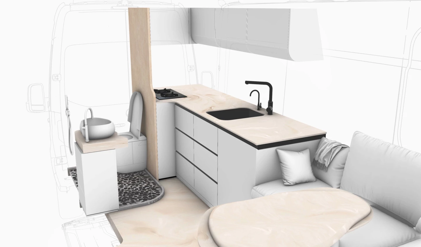 When the bathroom is not in use, the curtain stays open to maintain a more spacious, airy feel