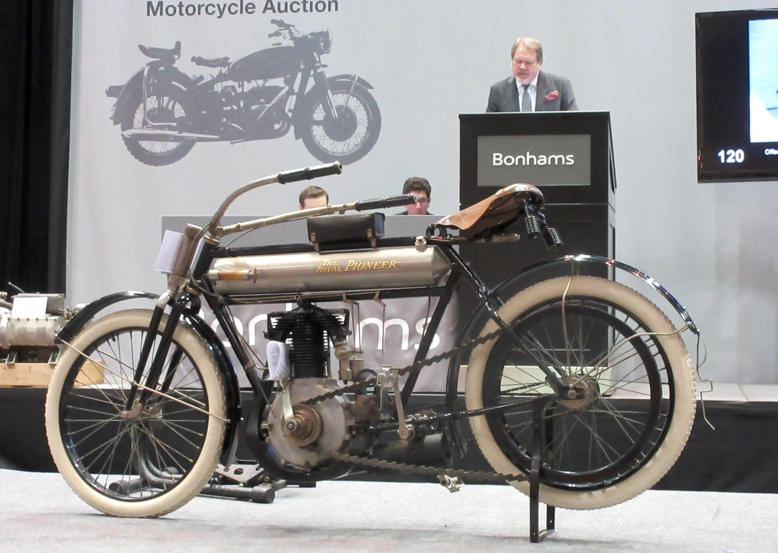 $115,000 – 1910 Royal Pioneer 30.50 ci (500cc) single - Bonhams Lot 120 is a rare 1910 Royal Pioneer 30.50 cubic inch (500cc) single, one of just four known to exist of the 500 produced before fire swept the company's new factory in December 1909. Production ceased with the fire. The bike in Las Vegas already held the world record for the marque when it sold for $92,000 in May, 2010. This time around, the bike sold for $115,000, pushing the record still higher.