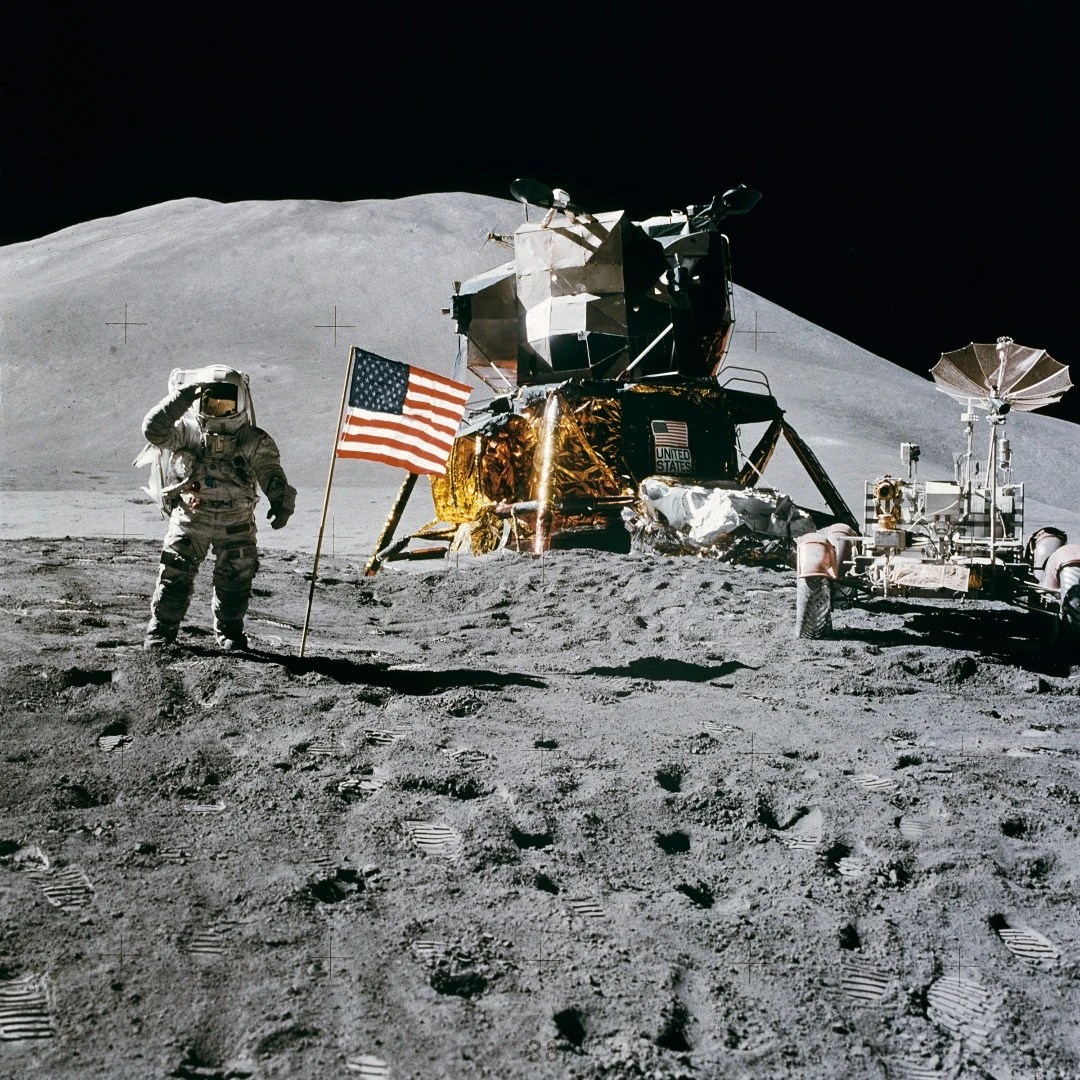 Jim Irwin salutes the US flag on the Moon