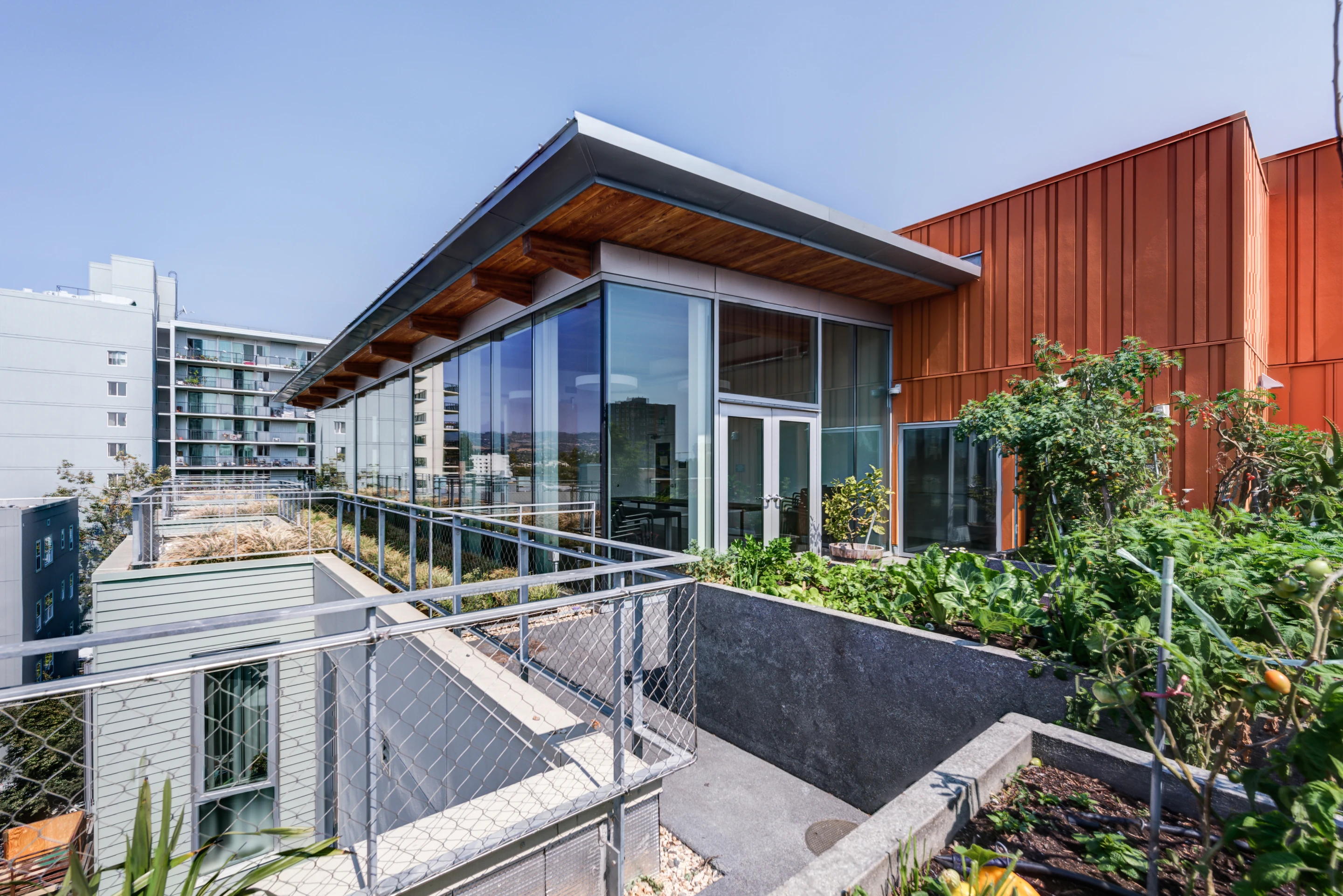 "Providing generous indoor and outdoor community spaces this high-density service-rich affordable housing project is designed to the senior’s ability to live independently as long as is comfortable," says the AIA regarding Lakeside Senior Apartments