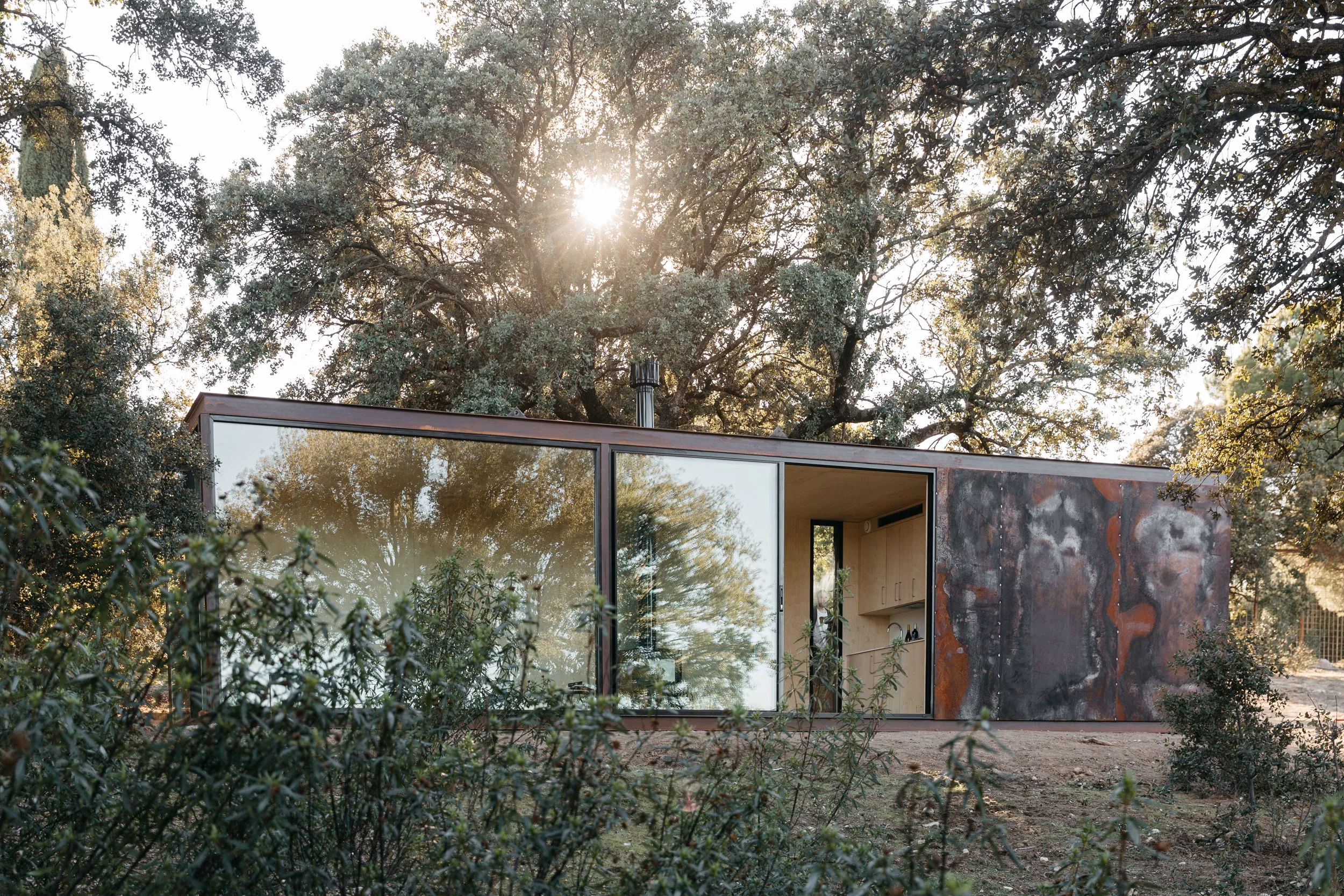 The Tini M is situated under a large oak tree on a rural plot near Madrid