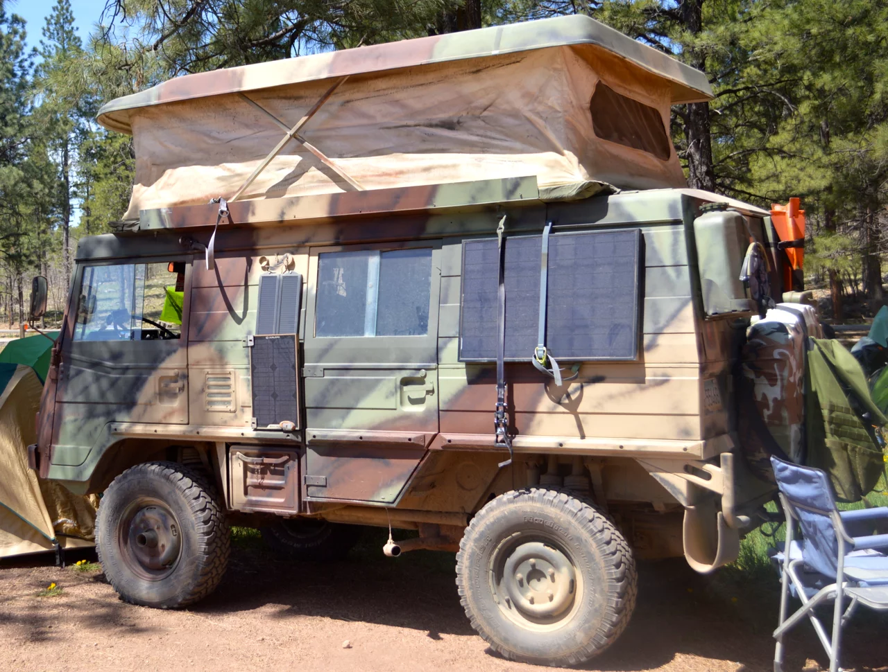 The Pinsgauer camper sleeps two up top