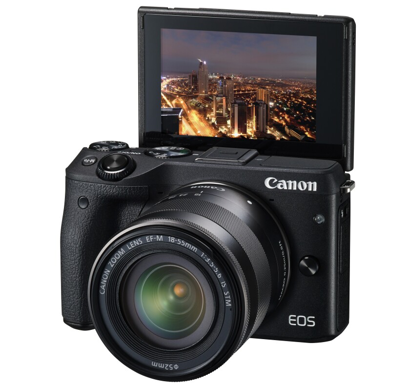 The rear 3-inch touchscreen monitor of the Canon EOS M3 can be angled for awkward or selfie shooting