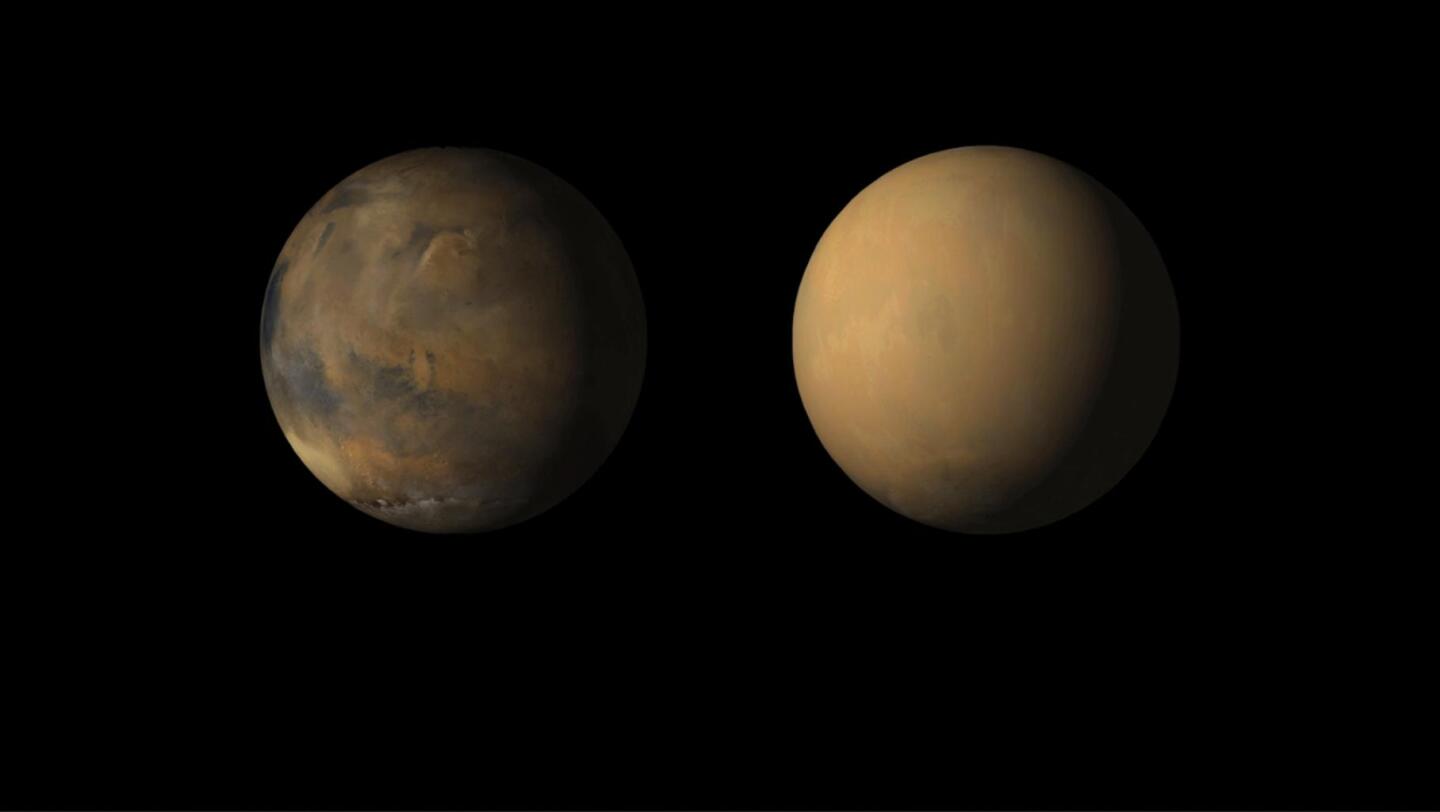 Side-by-side images show how dust has enveloped the Red Planet