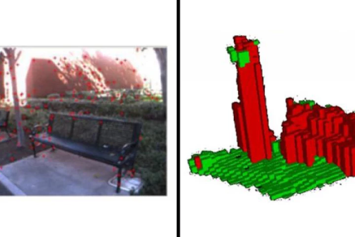 Simultaneous Localization and Mapping (SLAM) software analyzes data from stereo camera views (left) to create 3-D renderings of the scene (right), and then map a path through it (Image: USC Viterbi School of Engineering)