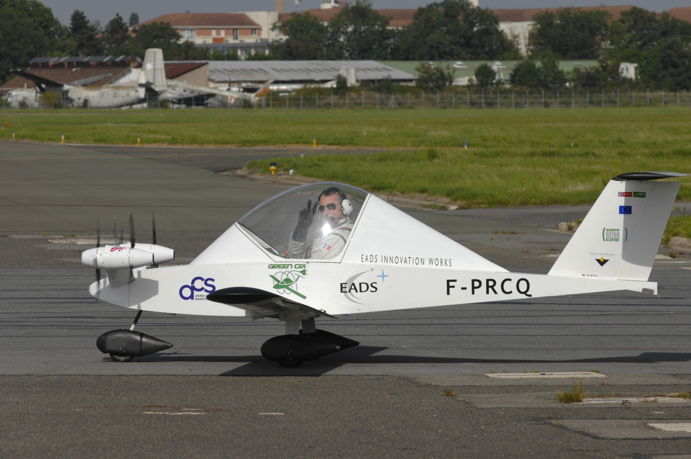 Pilot Didier Esteyne readies the Green Cri for its maiden flight above Le Bourget airfield in Paris