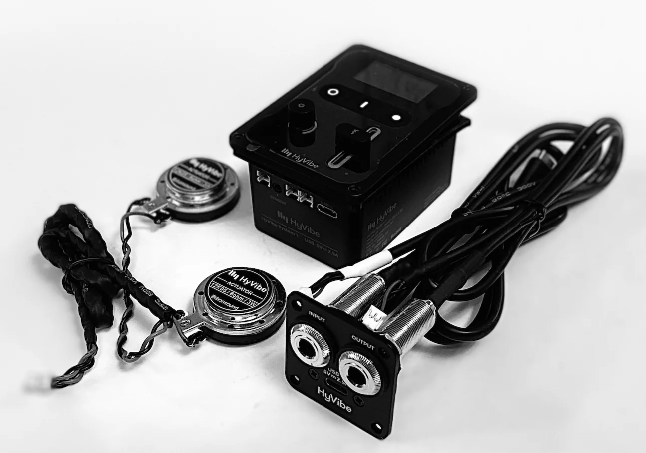 The HyVibe System kit comprises a processing unit, piezo sensor, two actuators and outputs (though you don't need to plug into an amp or external effects chain to use the digital smarts)