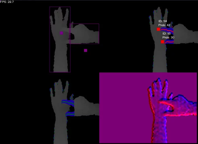 OmniTouch depth map and depth derivative of finger on hand