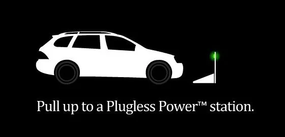 An electric vehicle pulls up to the Plugless Power control tower