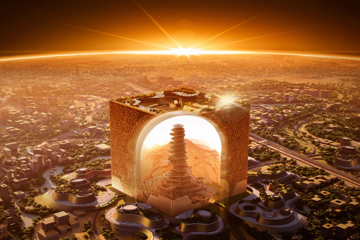 The Mukaab will feature a huge interior that will host a twisting tower, rendered here in cutaway view but the outer walls of the cube will be solid when construction is complete