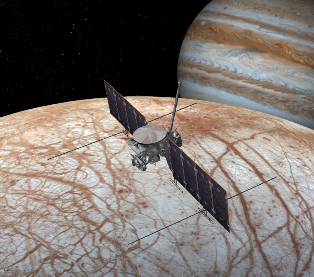 An artist's rendition of the upcoming Europa Clipper mission, which would peer closer at the surface to help answer the question
