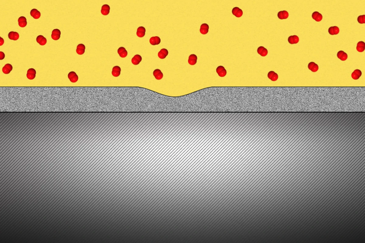 Extremely thin layers of aluminum oxide (center) act like a liquid, protecting aluminum (bottom) from oxidation by filling any gaps as they form and preventing oxygen (top) from entering