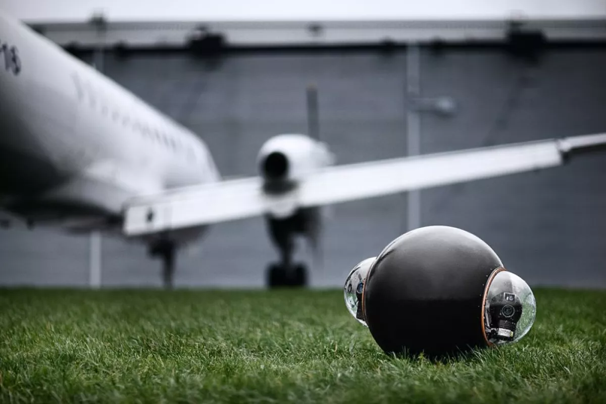 The Rotundus GroundBot spherically-shaped surveillance robot is equipped with a pair of cameras providing its remote operator with a live video feed in 3D