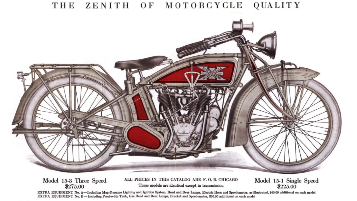 A century-old advert for Excelsior's Model 15-3 v-twin