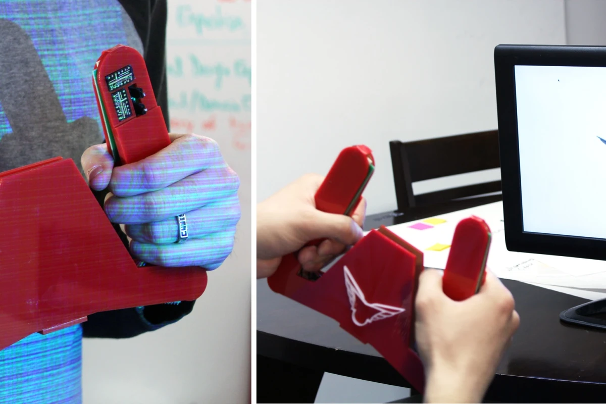 A Lumitrack sensor-equipped controller is used to control an on-screen airplane