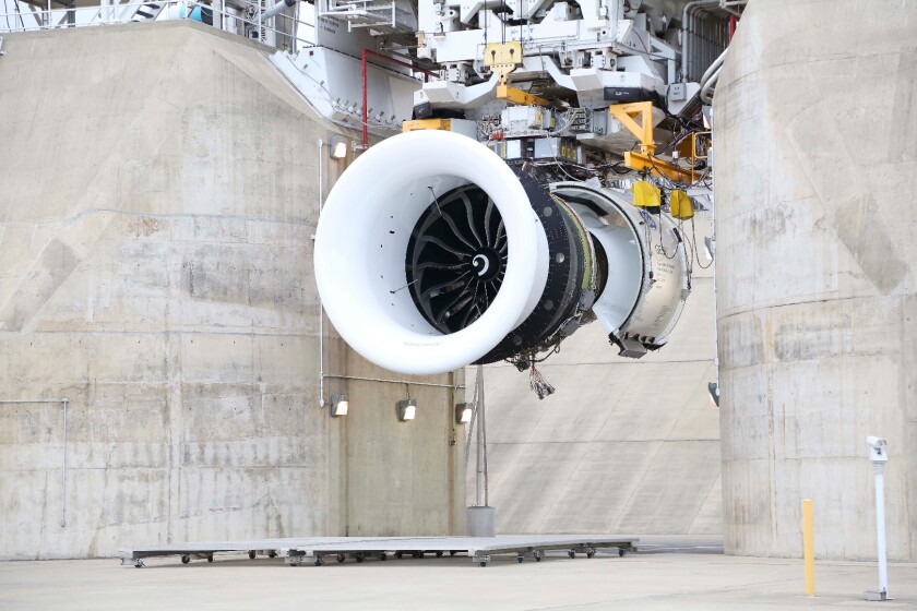 The GE9X in the test rig at GE Aviation's Peebles Test Operation in Ohio