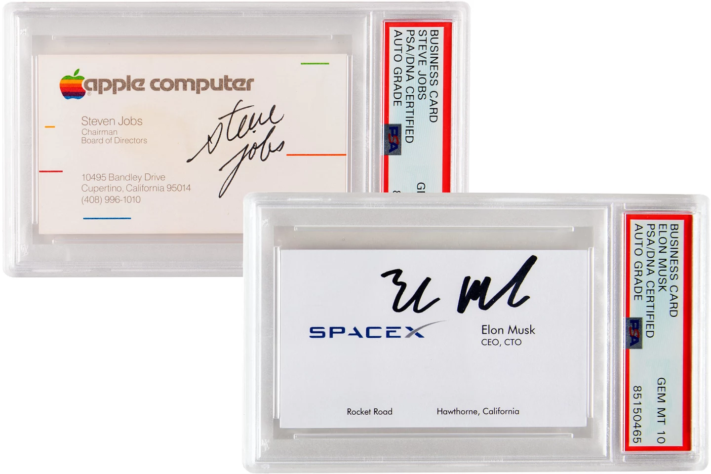 These two cards from technology entrepreneurs Steve Jobs and Elon Musk are now the two most expensive business cards that have ever been sold - both are sealed and authenticated.