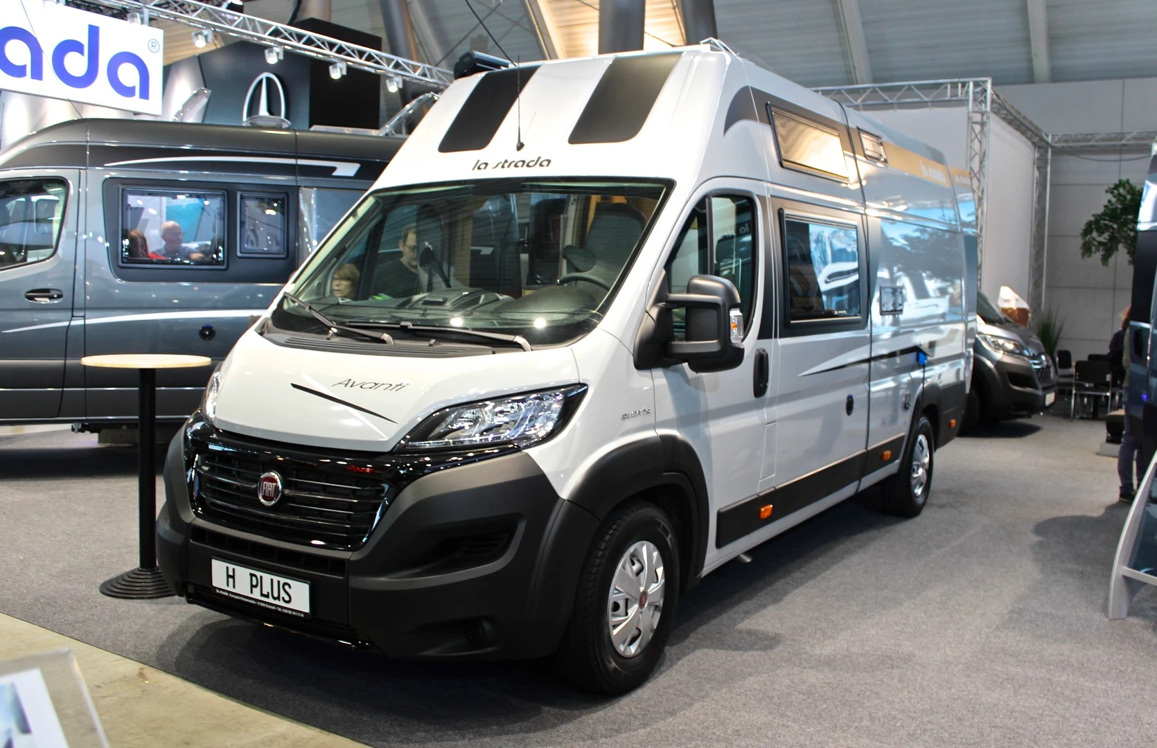 The La Strada Avanti H Plus starts at €57,213, but this show model was optioned up with all kinds of equipment, including a more powerful engine, navigation system, 100 watts of solar and awning, pricing at €81,534