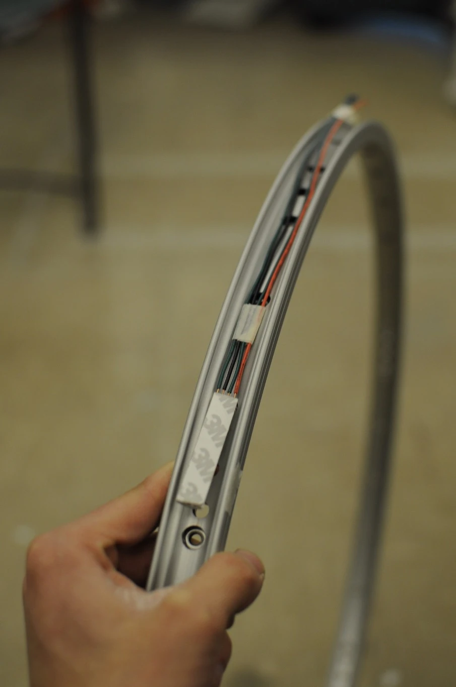 The wiring for the Aura system's wheel rim-embedded LEDs