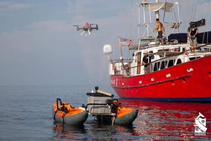 A Snotbot drone being tested with a simulated whale spout