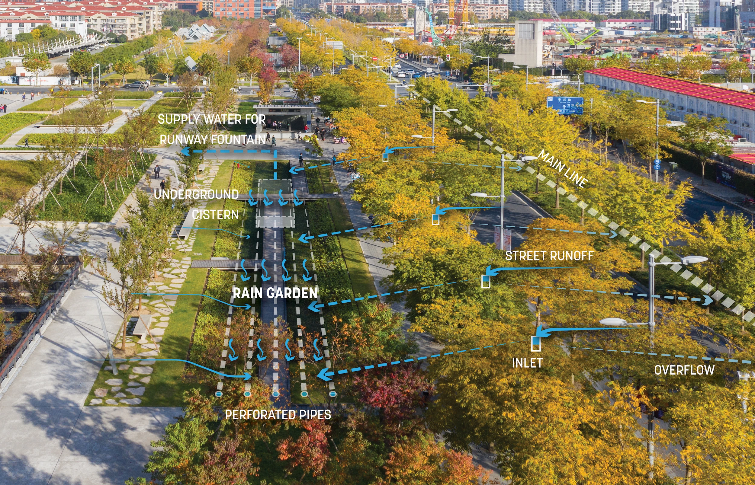 The Xuhui Runway Park has a large rainwater capture and filtering system that irrigates the many plants and trees on the site