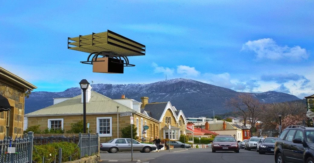 This flying pallet design shows what ion-propelled delivery drones might look like, flying near-silently through urban areas with no moving parts