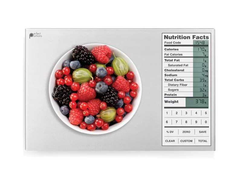 The 9.25 x 6.1 x 1 inch Perfect Portions scale is topped with an easy-clean, hygienic glass surface