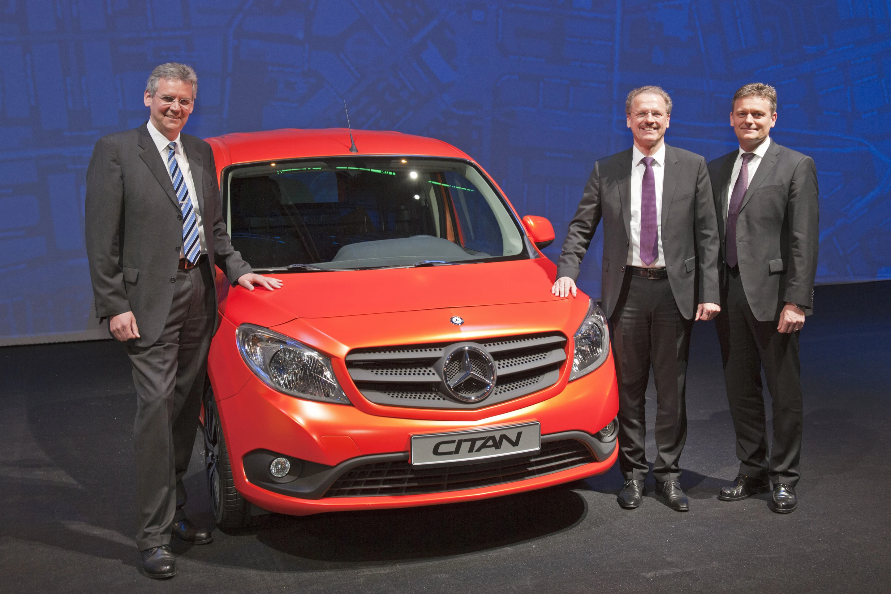 The new City Van Mercedes-Benz Citan with Dr. Sascha Paasche, Head of R&D Mercedes-Benz Vans, Volker Mornhinweg, Head of Mercedes-Benz Vans, and Andreas Burkhart, Head of Sales & Marketing Mercedes-Benz Vans