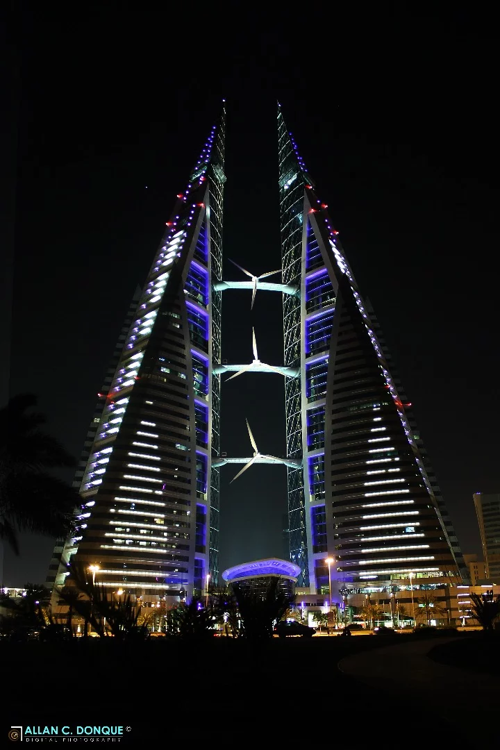 Completed in 2008, the Bahrain World Trade Center incorporates wind turbines in between its two towering spires