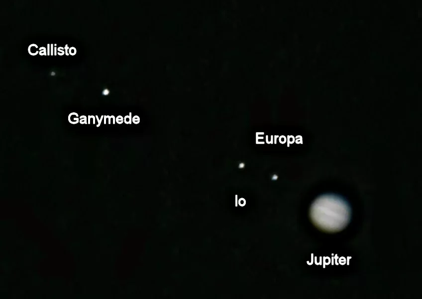 Jupiter and its four largest moons roughly as they will appear in a small telescope (Photo: Don Stewart)