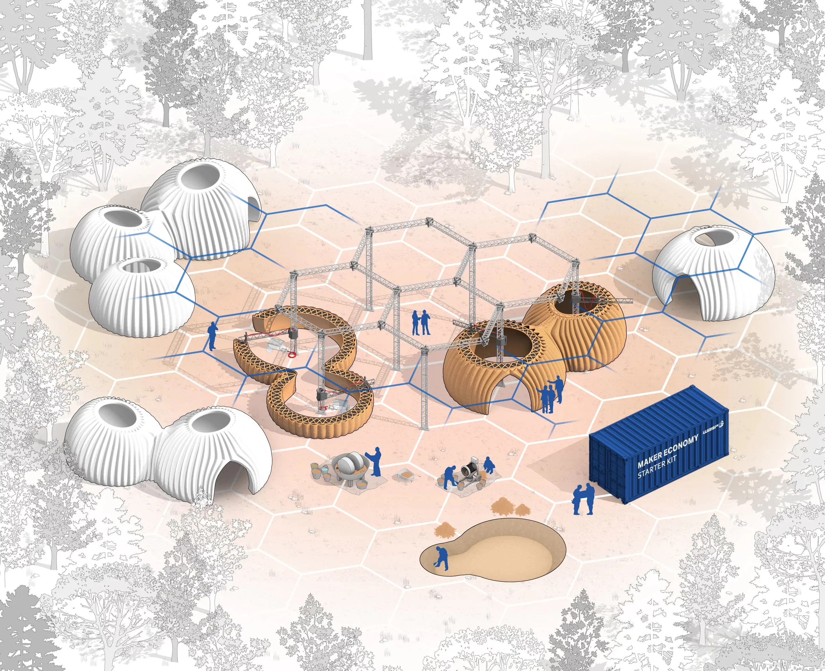 An illustration showing how mutlitple Crane WASP printers can work on several structures simultaniously