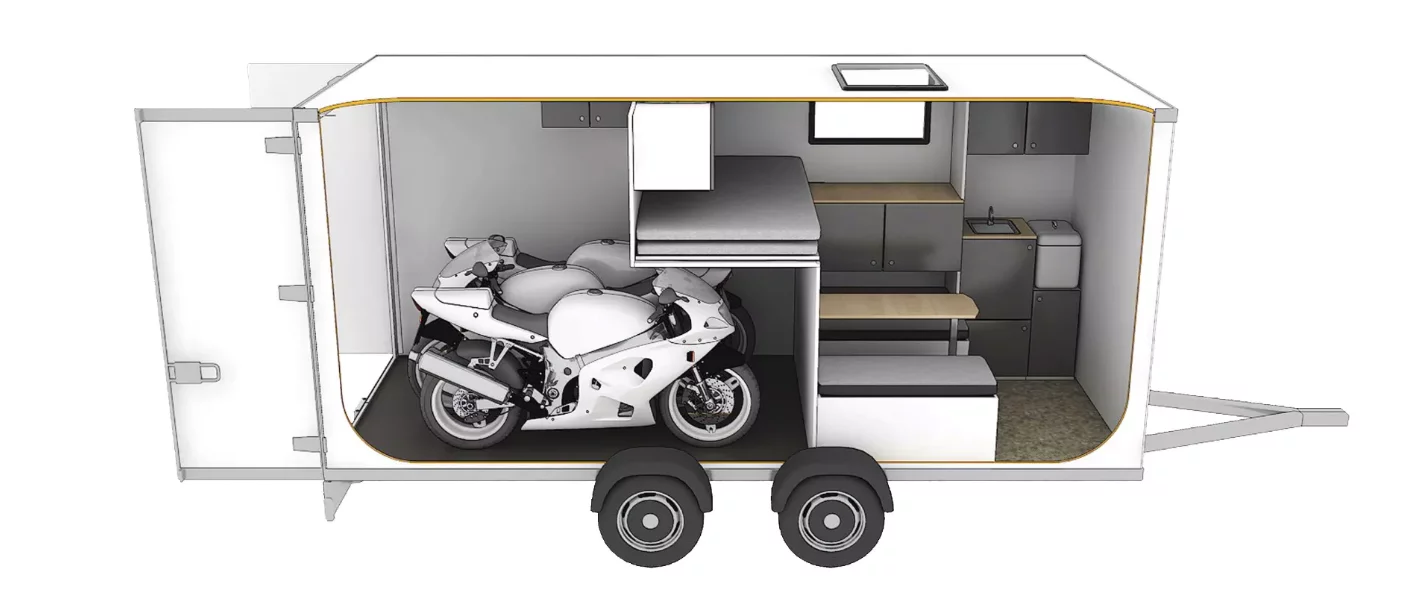 Looking at the Cube 4, you can see the neat garage/camper split of Sportcaravan's design