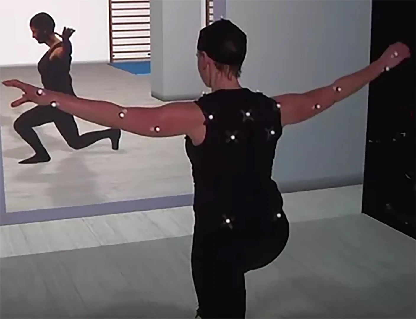 The user of the ICSPACE wears a series of sensors to convey their body movement in the virtual space