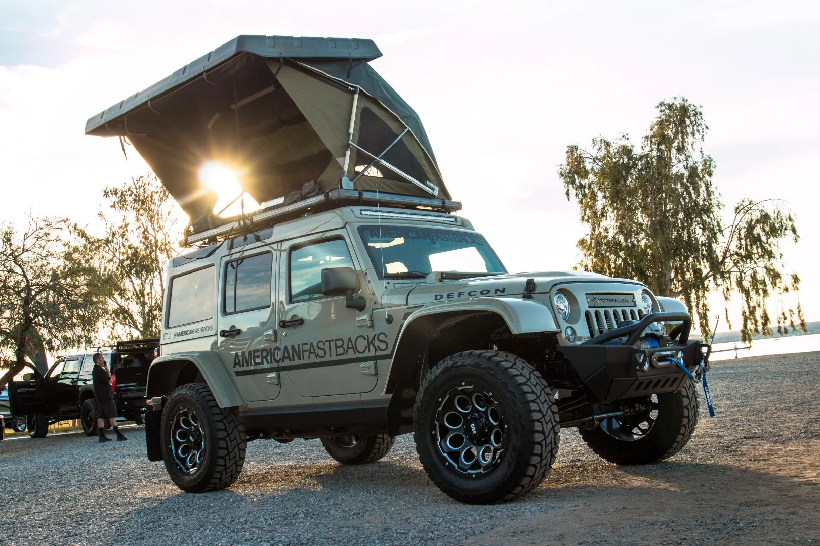 American Fastbacks specializes in making hard tops for Jeep JK and TJ/LJ models and brought a range of tricked-out Jeeps to the Sand and Water expo. This is its Badlands model, equipped with a stove top, a fridge, and an electric hard top camper with the ability to sleep four