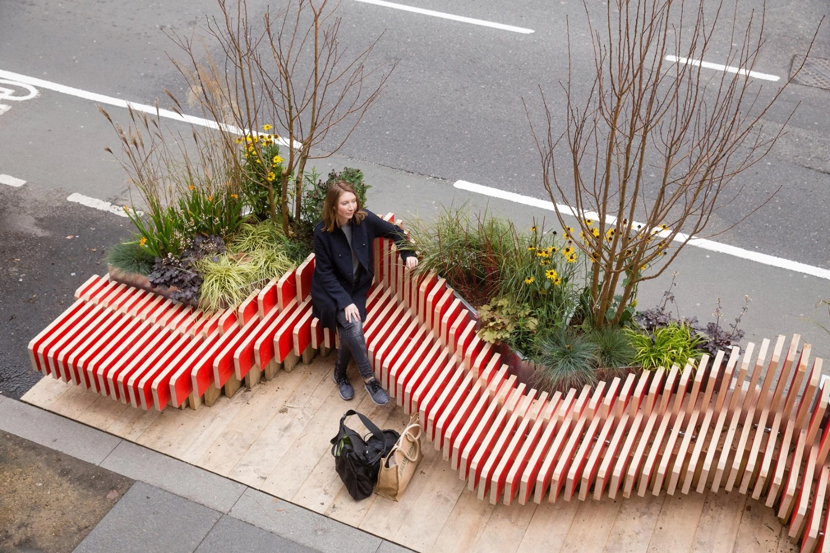 The bench and base elements of ParkedBench are made of scaffolding boards