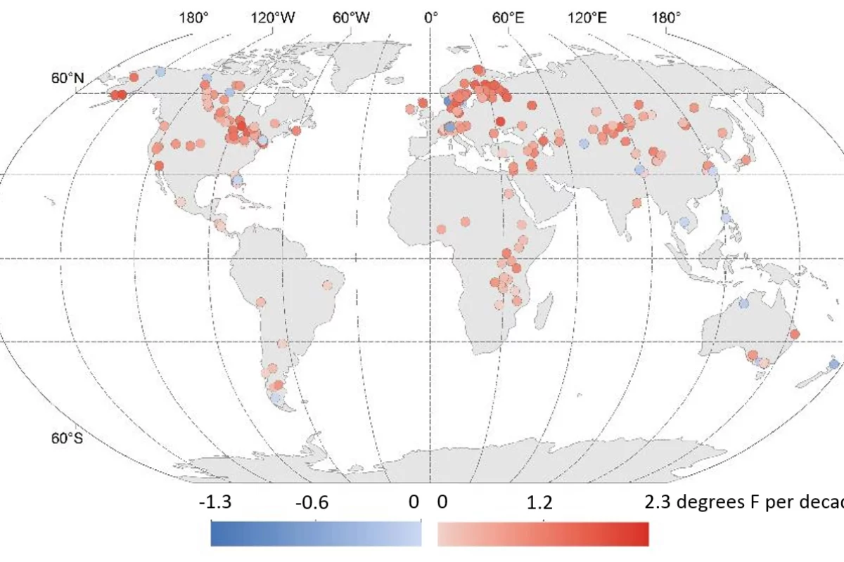 The above image shows 25 years of temperature changes, with red indicating warming and blue showing cooling