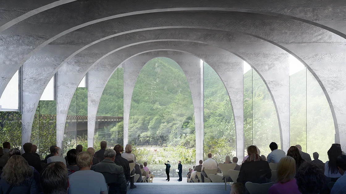 The S.Pellegrino Flagship Factory is described as a homage to the classic elements of Italian architecture by BIG