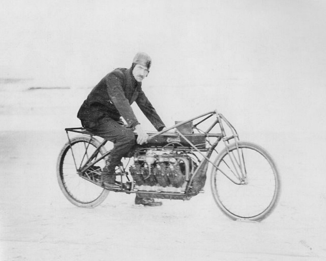 Glenn Curtiss on the humungous home-made V8 motorcycle with which he set a land speed record in 1907